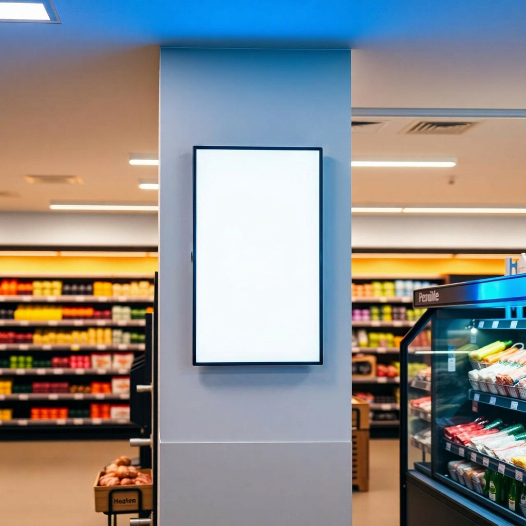 Digital annonsskärm installerad i en modern butiksmiljö