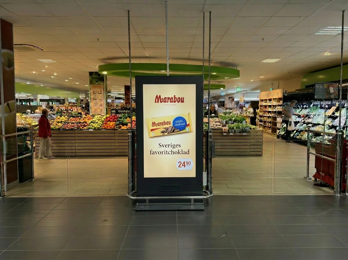 Digital annonsskärm med Marabou choklad-annons i en dagligvarubutik