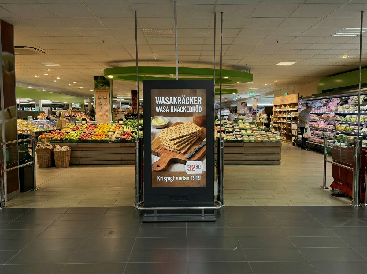 Digital annonsskärm med Wasa knäckebröd-annons i en dagligvarubutik