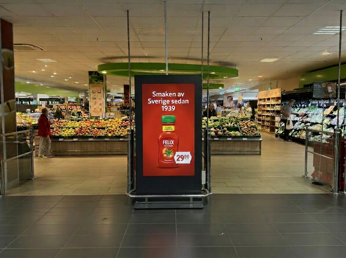 Digital annonsskärm med Felix ketchup-annons i en dagligvarubutik