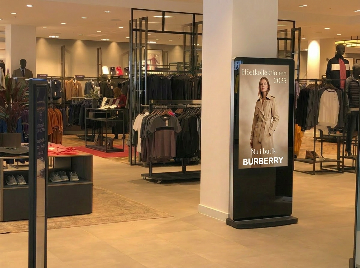 Digital annonsskärm med H&M-annons i en klädbutik